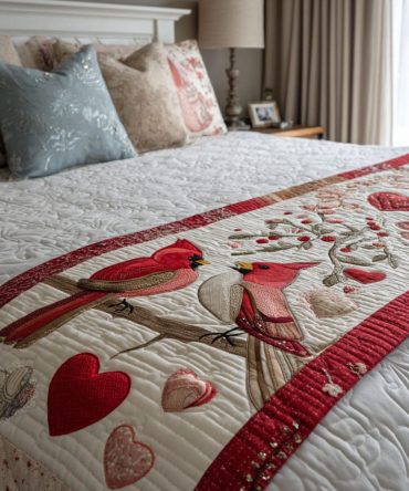 Romantic Birdsong Quilted Bed Runner — Floral Bird Motif Bed Scarf For Cozy Bedroom Decor & Layered Quilt Accent, Soft Durable Finish