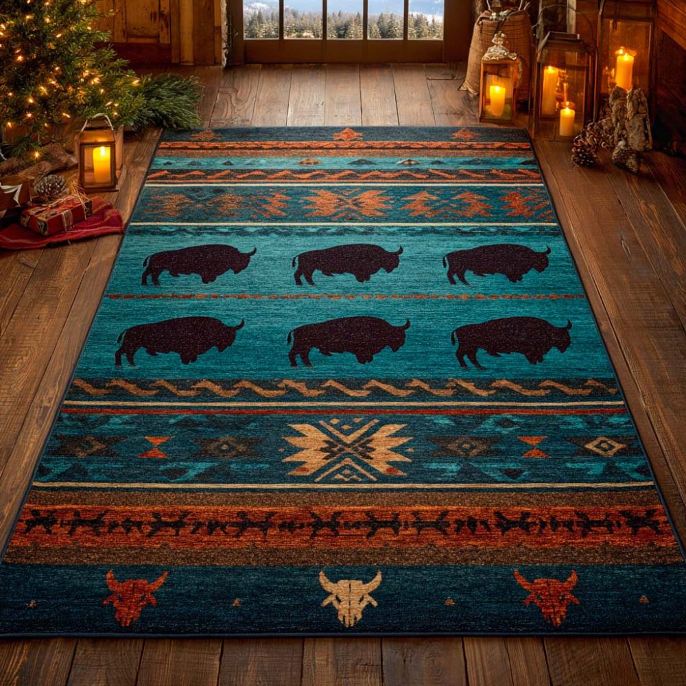 Bison Spirit Dawn Southwestern Area Rug - Rustic Boho Accent Rug, Durable Low-Pile Carpet For Living Room, Entryway & Lodge Style