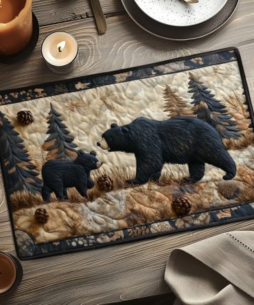 Black Bear Family Quilted Placemat — Woodland Lodge Table Accent, Rustic Wildlife Motif, Durable Quilting & Machine-Washable For Cozy Kitchens