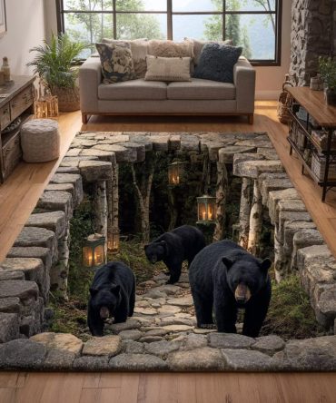 Black Bear Bold Wildlife Area Rug - Hand-Printed Cabin Accent Rug With Non-Slip Backing, Durable Stain-Resistant Floor Decor