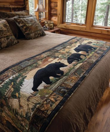Black Bear Family Lodge Quilted Bed Scarf — Rustic Cabin Bed Runner In Cotton With Charming Bear Family Design, Machine Friendly