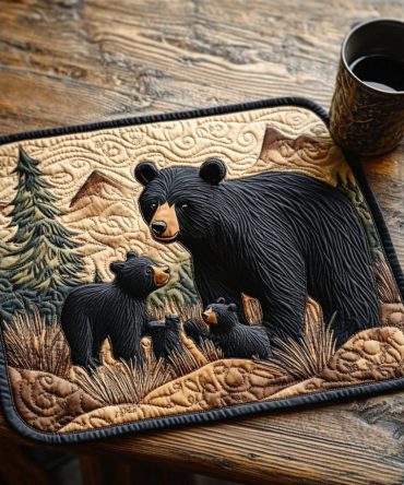 Black Bear Family Quilted Placemat — Woodland Cabin Table Decor Featuring Bear Family, Rustic Lodge Kitchen Mat, Durable & Washable
