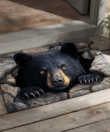 Black Bear Pit Welcome Mat - Rustic Outdoor Front Door Rug With Bear Print, Heavy-Duty Weatherproof Porch & Entryway Mat