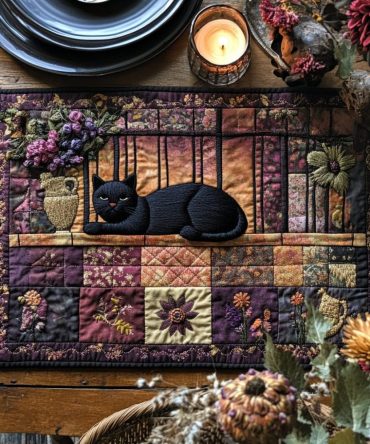 Black Cat Cottage Quilted Placemat — Cozy Feline-Themed Table Mat, Quilted Cotton Blend, Protective & Easy-Care for Everyday Use