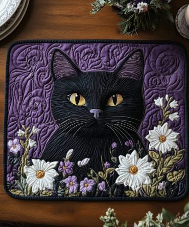 Midnight Cat Quilted Placemat — Chic Black Cat Table Accent, Quilted Dining Mat for Modern & Quirky Home Decor