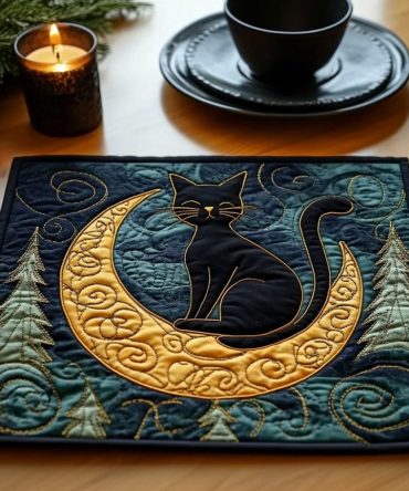 Black Cat Glow Quilted Placemat - Gothic Chic Table Mat With Glow Accents, Dark Aesthetic, Heat-Resistant, Easy Care