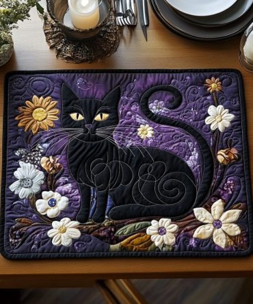 Black Cat Magic Quilted Placemat — Whimsical Cat-Themed Table Accent For Halloween & Everyday, Premium Quilting, Machine Washable, Charming Gift For Cat Lovers