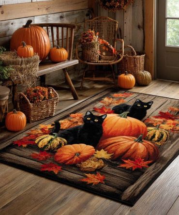 Black Cat & Pumpkins Halloween Area Rug - Festive Fall Accent Rug With Fade-Resistant Print And Non-Slip Backing For Entryways And Porches