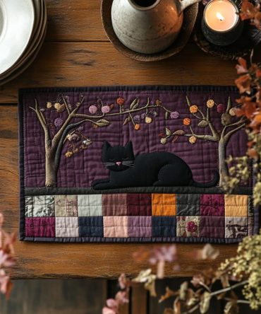 Black Cat Whisper Quilted Placemat - Subtle Noir Cat Silhouette, Luxury Quilting, Protects Tabletops, Machine-Washable, Gift-Ready