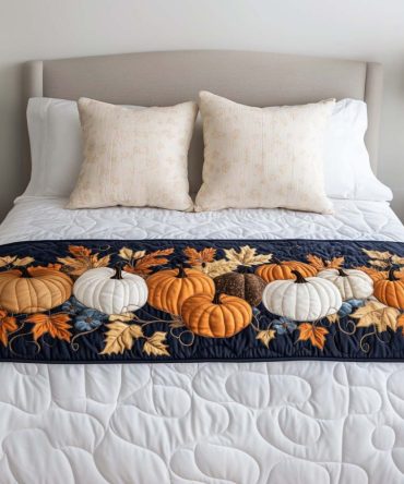 Blessed Pumpkin Days Quilted Bed Runner — Autumn Pumpkin & Leaf Bed Scarf, Harvest & Thanksgiving Bedding Accent, Quilted & Reversible