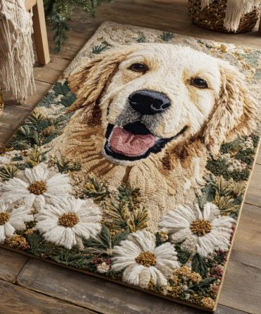 Bloom Golden Retriever Floral Dog Area Rug - Charming Pet-Themed Accent Rug, Durable Low-Pile Mat For Living Room, Entryway & Pet Spaces