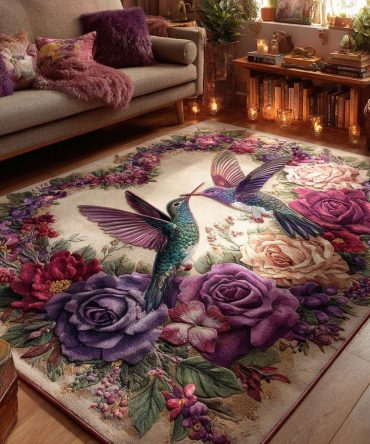 Bloom Hover Bird & Floral Area Rug - Contemporary Botanical Accent Rug, Vibrant Print, Low-Pile Durable Surface With Non-Slip Backing For Home
