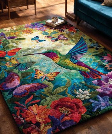 Bloom Hummingbird Floral Area Rug - Vibrant Bird & Flower Accent Rug, Soft Low-Pile, Fade-Resistant And Easy-Care For Living Rooms & Sunrooms