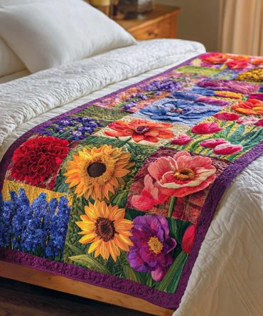 Bloom Quilt Symphony Quilted Bed Runner — Elegant Floral Cotton Throw For Bed & Sofa , Reversible, Plush Quilting, Machine-Washable Decor