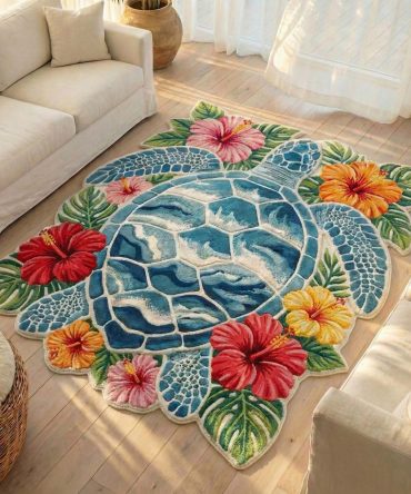 Bloom Turtle Custom Animal-Shaped Rug - Turtle-Shaped Floral Accent Mat, Custom Cut With Durable Non-Slip Backing For Kids Rooms & Beach Houses