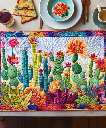 Blooming Cacti Quilted Placemat — Floral Desert Table Mat, Durable Stitching, Reversible, Machine Washable, Gift-Ready