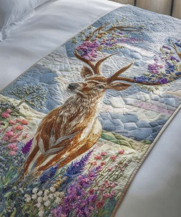 Rustic Bloom Antlers Quilted Bed Runner — Nature-Inspired Decorative Scarf For Cabins & Modern Homes, Reversible Accent
