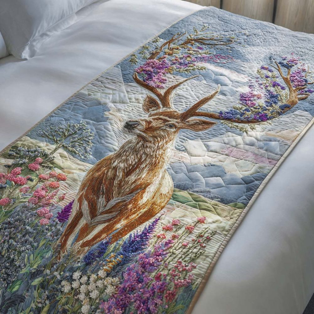 Rustic Bloom Antlers Quilted Bed Runner — Nature-Inspired Decorative Scarf For Cabins & Modern Homes, Reversible Accent