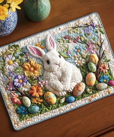 Spring Bloom Bunny Quilted Placemat — Soft Cotton Table Mat With Pastel Floral Bunny Design, Machine-Washable Holiday & Everyday Decor