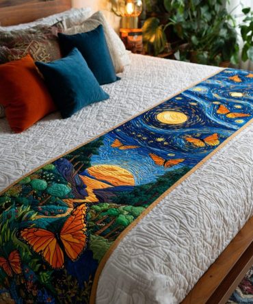 Blooming Butterfly Quilted Bed Runner — Floral Butterfly Embroidered Accent, Delicate Pastels For Romantic Bedrooms, Reversible & Soft