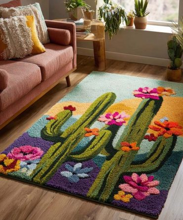 Vibrant Blooming Cactus Floral Area Rug For Living Room & Bedroom — Soft Low-Pile Accent Rug, Durable Non-Slip, Easy-Care