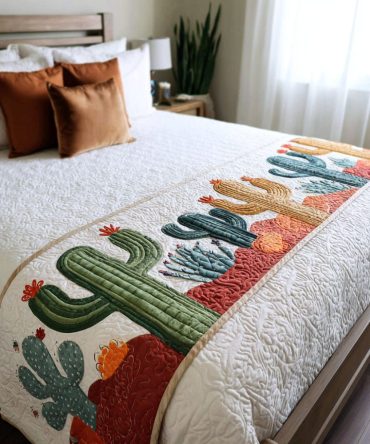 Blooming Desert Trail Quilted Bed Runner - Southwestern Floral Bed Scarf With Cactus & Bloom Motifs, Boho Chic Decor