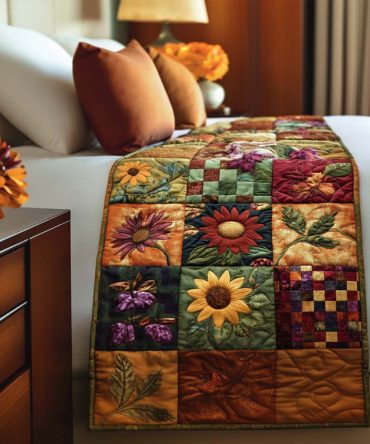 Blooming Fall Lane Quilted Bed Runner - Floral Autumn Bed Scarf For Cozy Bedrooms, Soft Cotton-Blend Finish, Easy Care & Designer Accent