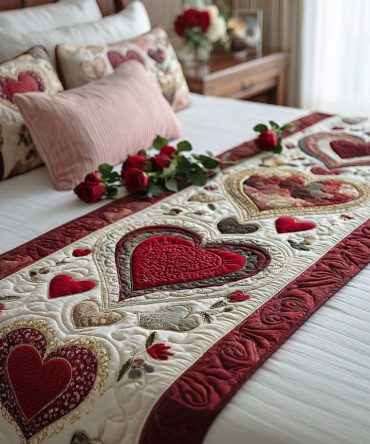 Blooming Hearts Quilted Bed Runner — Floral Bloom Heart Bed Scarf To Refresh Bedrooms, Quilted Accent For Romantic & Feminine Styling