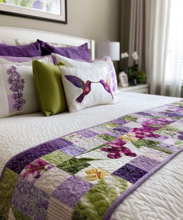 Blooming Hummers Quilted Bed Runner - Colorful Hummingbird Floral Bed Scarf For Queen & King Beds, Hand-Quilted Accent