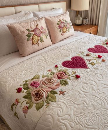 Blooming Love Quilted Bed Runner - Romantic Floral Quilt Scarf For Queen & King Beds, Elegant Decorative Bedding Accent