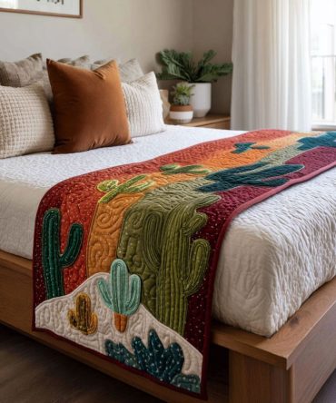 Blooming Saguaro Quilted Bed Runner - Southwestern Cactus Floral Accent For Bed & Living Areas , Premium Cotton, Reversible Design