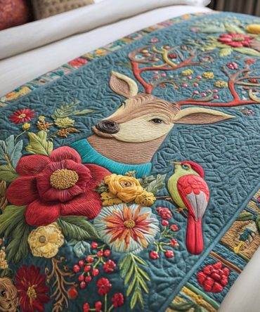 Bloomsong Stag Quilted Bed Runner — Elegant Floral & Stag Design For Rustic-Chic Bedrooms, Seasonal Bedding Accent