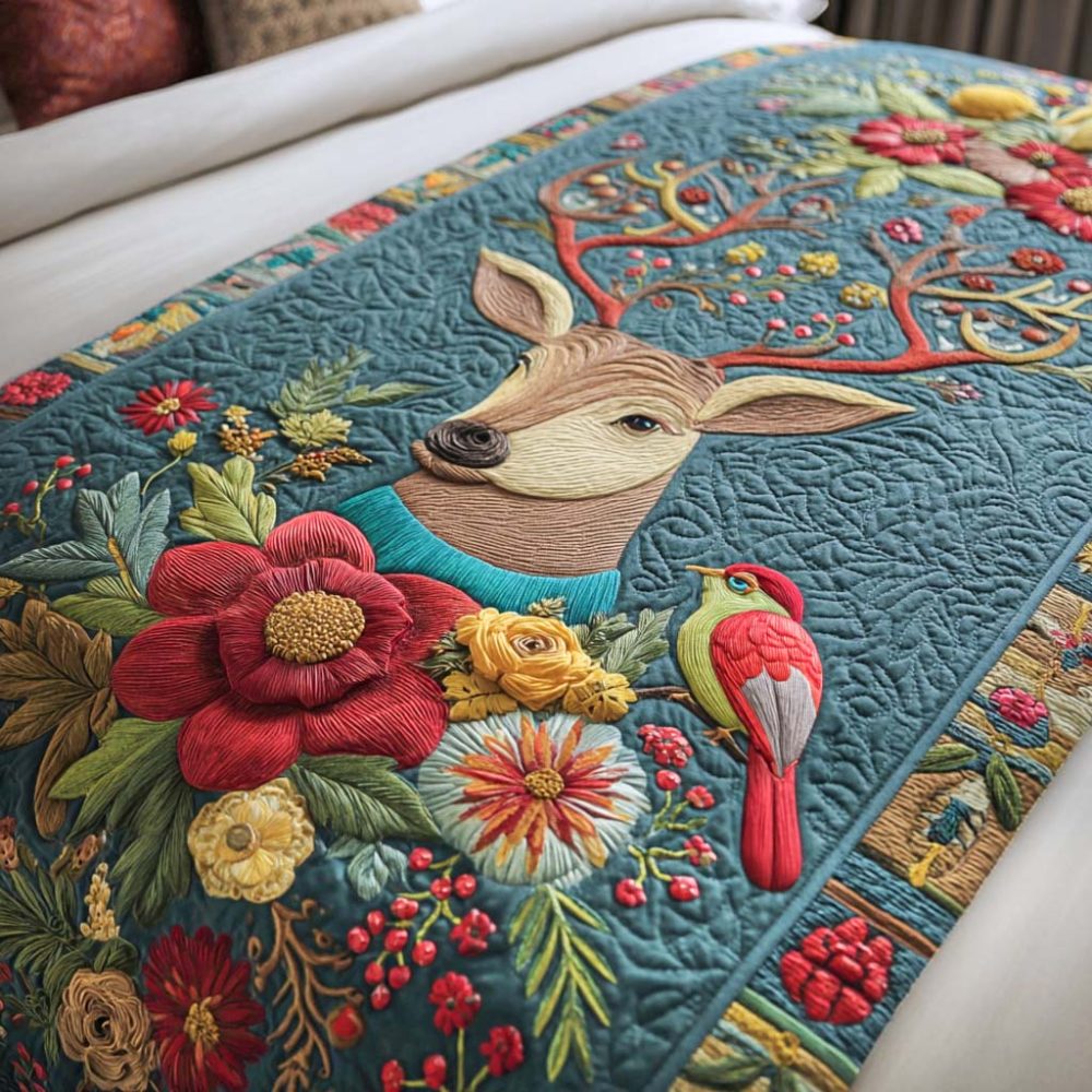 Bloomsong Stag Quilted Bed Runner — Elegant Floral & Stag Design For Rustic-Chic Bedrooms, Seasonal Bedding Accent