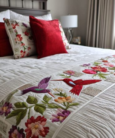 Blossom Birds Quilted Bed Runner - Charming Bird & Blossom Bed Scarf For Queen & King Beds, Decorative Quilted Throw