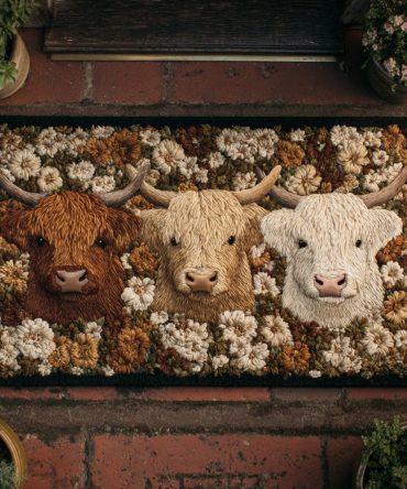 Blossom Highland Trio Welcome Mat - Floral Trio Outdoor Entry Rug With Three Highland Cows, Durable Non-Skid Porch Accent