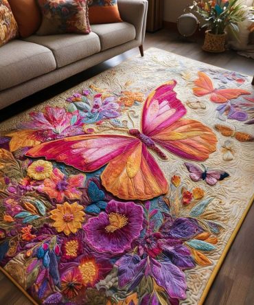 Boho Blossom Wings Area Rug — Colorful Modern Floral Indoor Rug, Soft Plush Pile, Fade-Resistant For Living Spaces