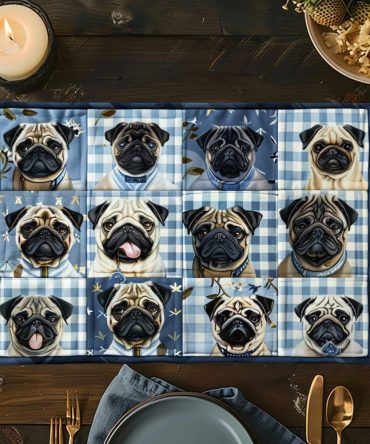 Blue Pug Quilted Placemat - Cute Dog Table Mat, Durable Cotton, Non-Slip Backing, Easy Care Gift For Pug Lovers
