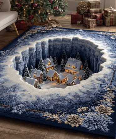 Festive Blue Christmas Village Area Rug — Seasonal Holiday Indoor Accent Rug, Durable, Cozy & Decorative For Home