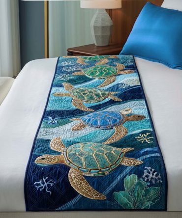 Blue Horizon Turtle Quilted Bed Scarf — Serene Ocean Palette Decorative Runner, Soft Cotton Blend, Reversible Accent For Queen & King Beds