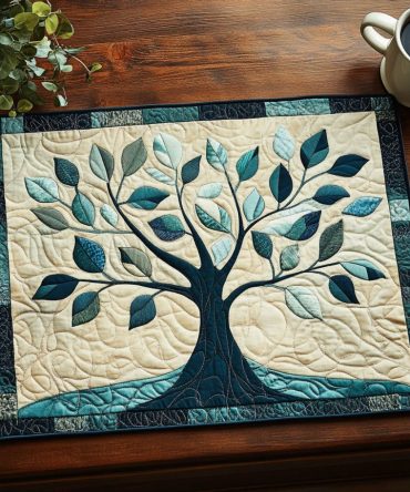Blue Leaves Tree Quilted Placemat — Coastal Blue Table Decor, Quilted Padded Placemat for Everyday Use, Heat-Resistant & Machine-Friendly Care