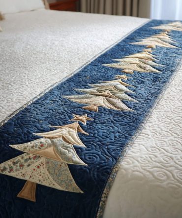Blue Noel Quilted Bed Runner — Elegant Winter Blue Decorative Throw For Queen & King Beds, Reversible Cotton-Blend Accent