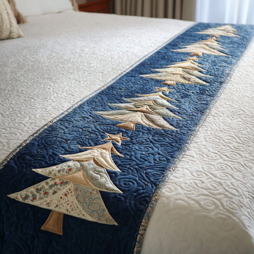 Blue Noel Quilted Bed Runner — Elegant Winter Blue Decorative Throw For Queen & King Beds, Reversible Cotton-Blend Accent