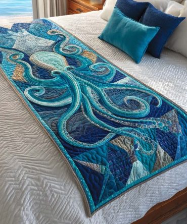 Blue Octopus Quilted Bed Runner , Playful Nautical Accent For Kids Or Coastal Bedrooms, Queen & King, Reversible & Easy Care