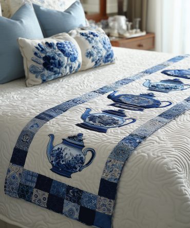 Blue Teapot Parade Quilted Bed Scarf — Charming Blue Teapot & Floral Runner For Playful Cottage Bedrooms, Quilted Accent For Layered Styling