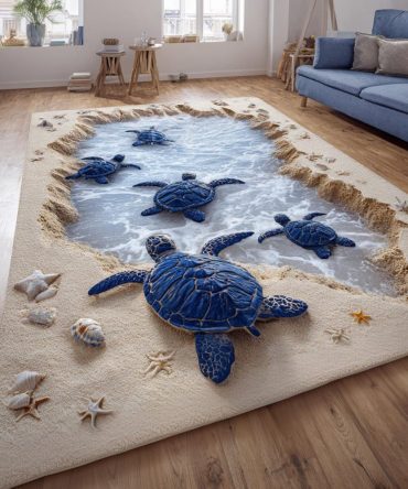 Blue Turtle Area Rug — Coastal Kids & Family Rug With Cute Turtle Motif, Soft Pile, Durable & Easy To Clean