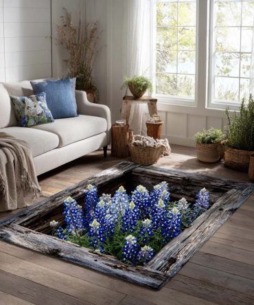 Bluebonnet Field Area Rug — Country Floral Blue Area Rug, Soft Low-Pile, Durable For Living Room & Farmhouse Décor