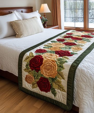 Blush Bloom Quilted Bed Runner — Soft Blush Floral Accent, Lightweight Romantic Bedding Scarf For Queen & King Beds, Machine Washable