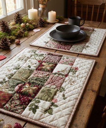 Blush Garden Heirloom Quilted Placemat — Vintage Floral Table Mat in Soft Blush Tones, Quilted Protection for Dining, Easy-Care Fabric