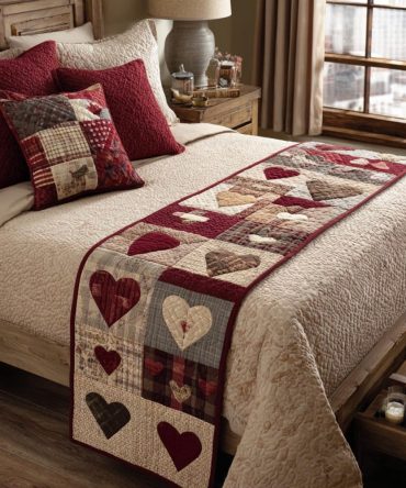 Blush Hearts Quilted Bed Runner - Romantic Pink Bed Scarf For Feminine Bedroom Styling , Soft Quilting, Decorative Throw For Queen & Full Beds