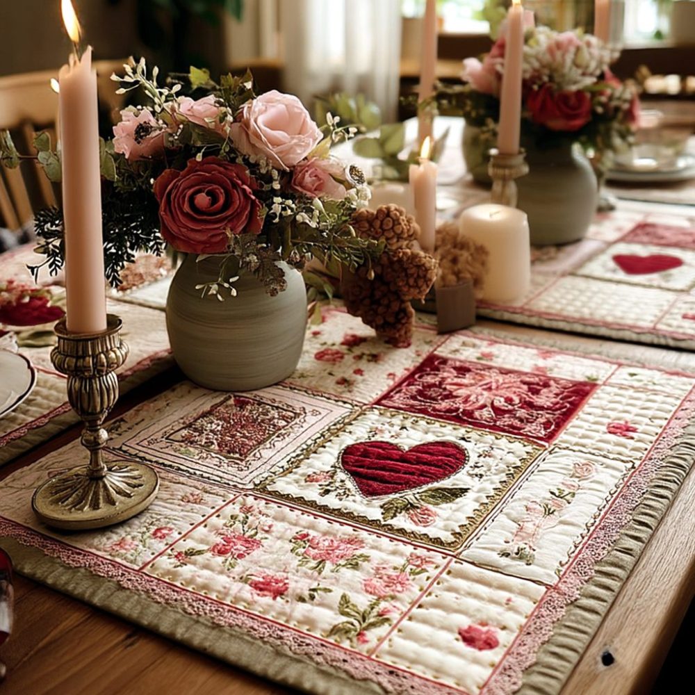 Elegant Blush Rose Cottage Quilted Placemat — Soft Cotton Table Mat with Vintage Floral Design for Romantic Kitchen & Dining Decor